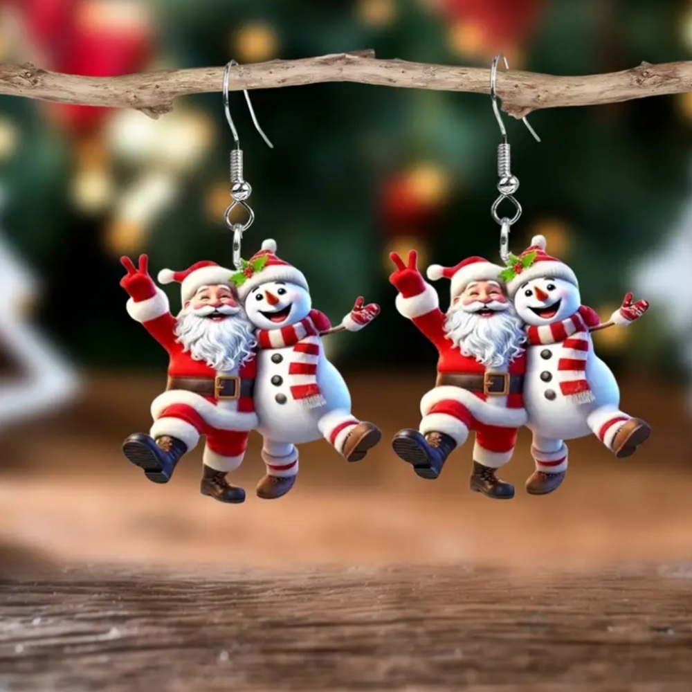 Holiday Santa & Snowman Acrylic Dangling Earrings. NWOT